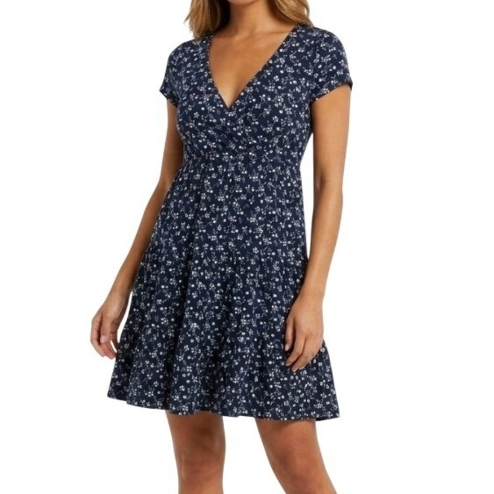 Hollister Dress Juniors S Navy Floral V Neck Fit & Flare Short Sleeve Mini Casua